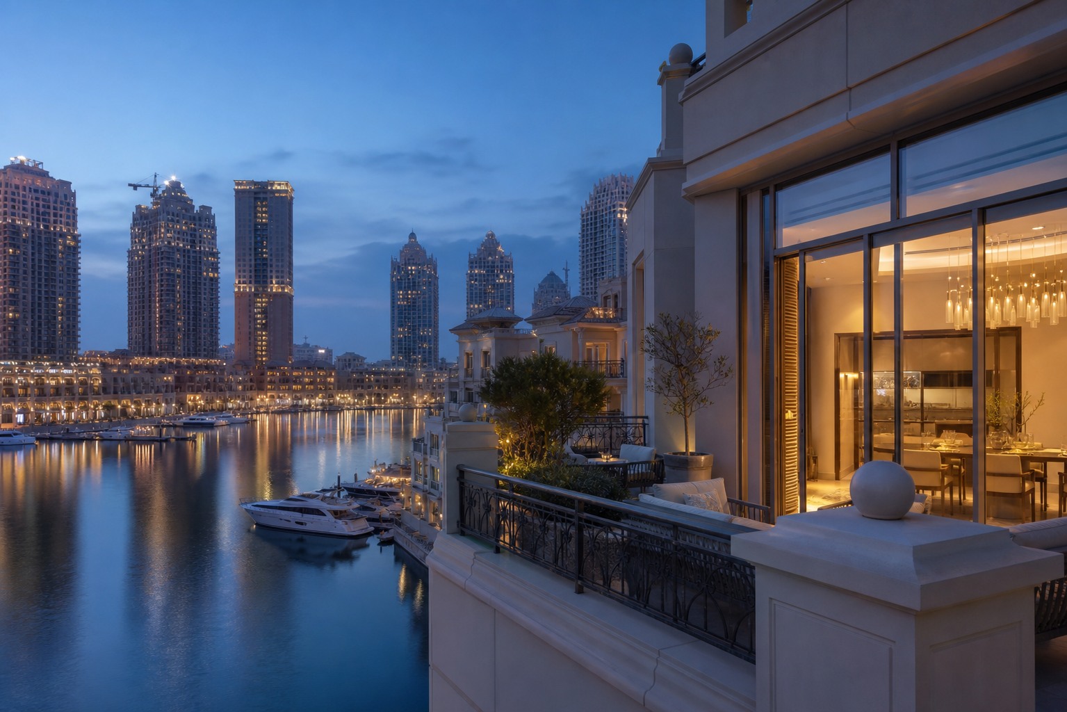 Blue hour waterfront towers in Porto Arabia